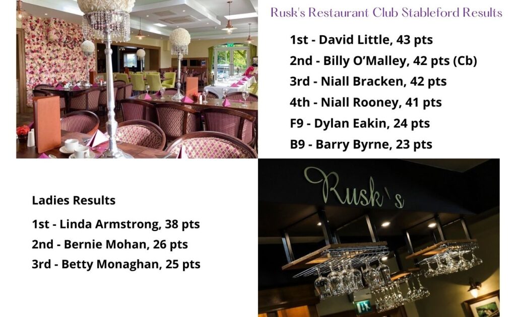 Rusk's Restaurant Club Stableford Results
