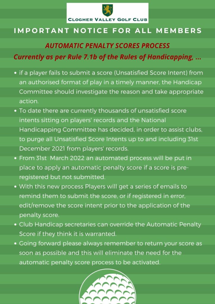 AUTOMATIC PENALTY SCORES PROCESS Currently as per Rule 7.1b of the Rules of Handicapping, ...
